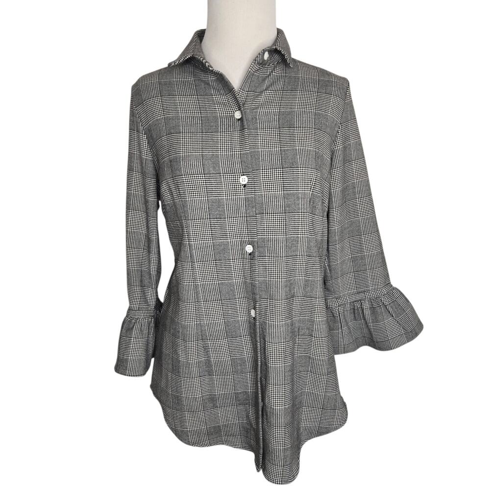 Gretchen Scott Women Corporate Button Front Shirt Classic Black Ruffle Small